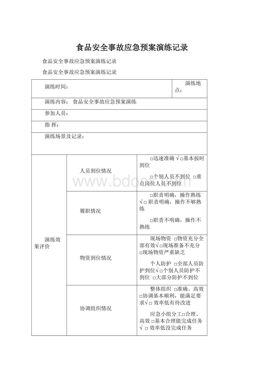 食品安全事故应急预案演练记录文档格式.docx