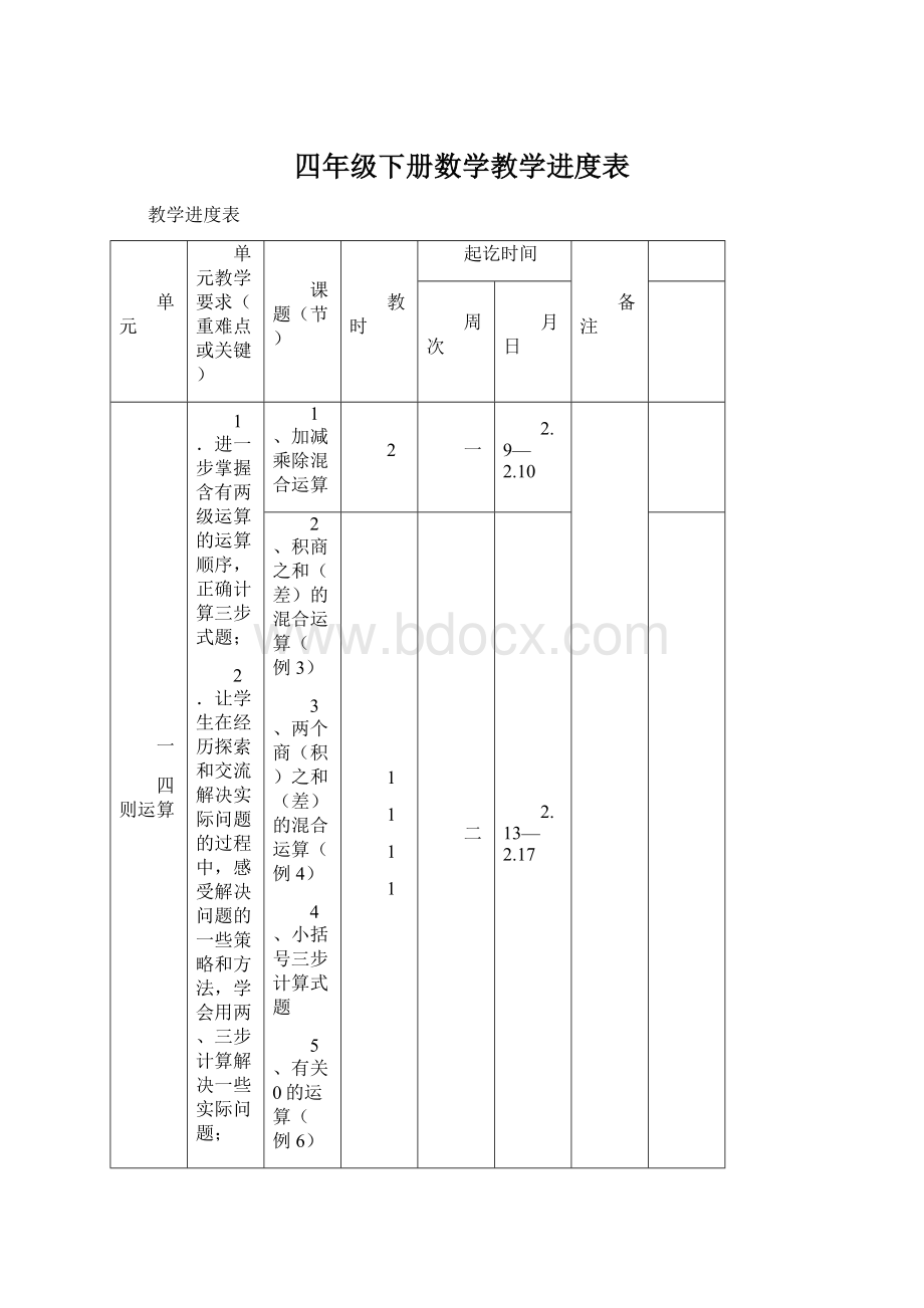 四年级下册数学教学进度表Word文档下载推荐.docx