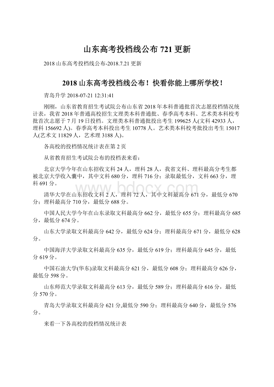 山东高考投档线公布721更新.docx