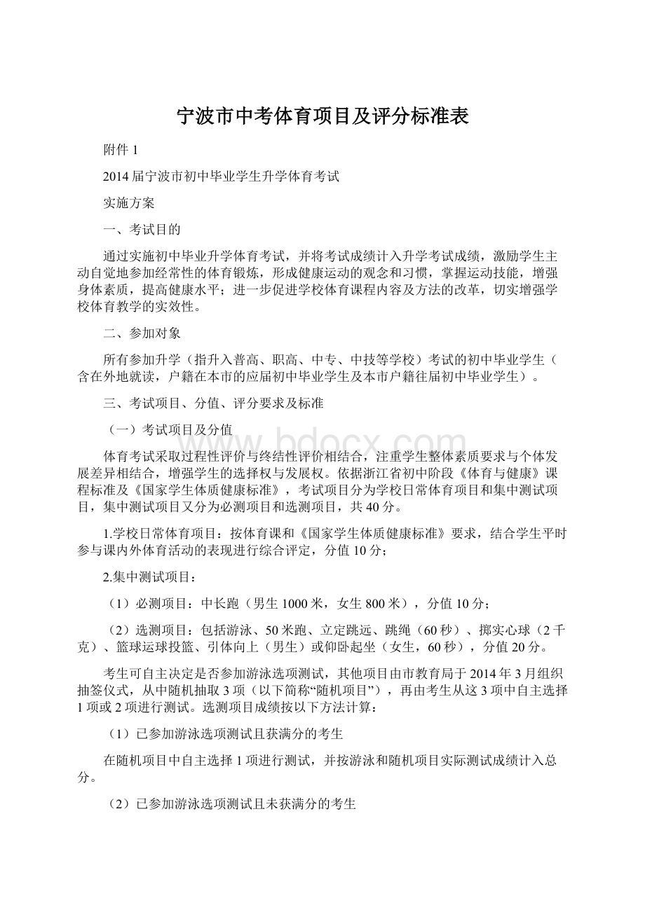 宁波市中考体育项目及评分标准表Word格式.docx