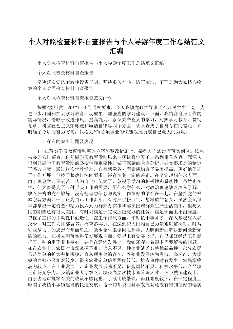 个人对照检查材料自查报告与个人导游年度工作总结范文汇编Word文档格式.docx