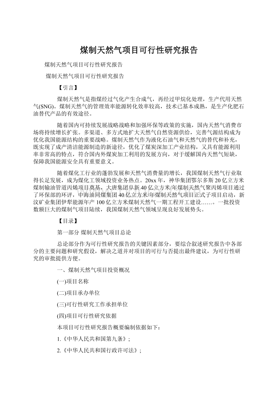 煤制天然气项目可行性研究报告Word格式文档下载.docx