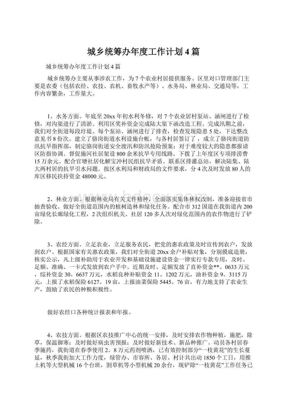 城乡统筹办年度工作计划4篇Word格式文档下载.docx