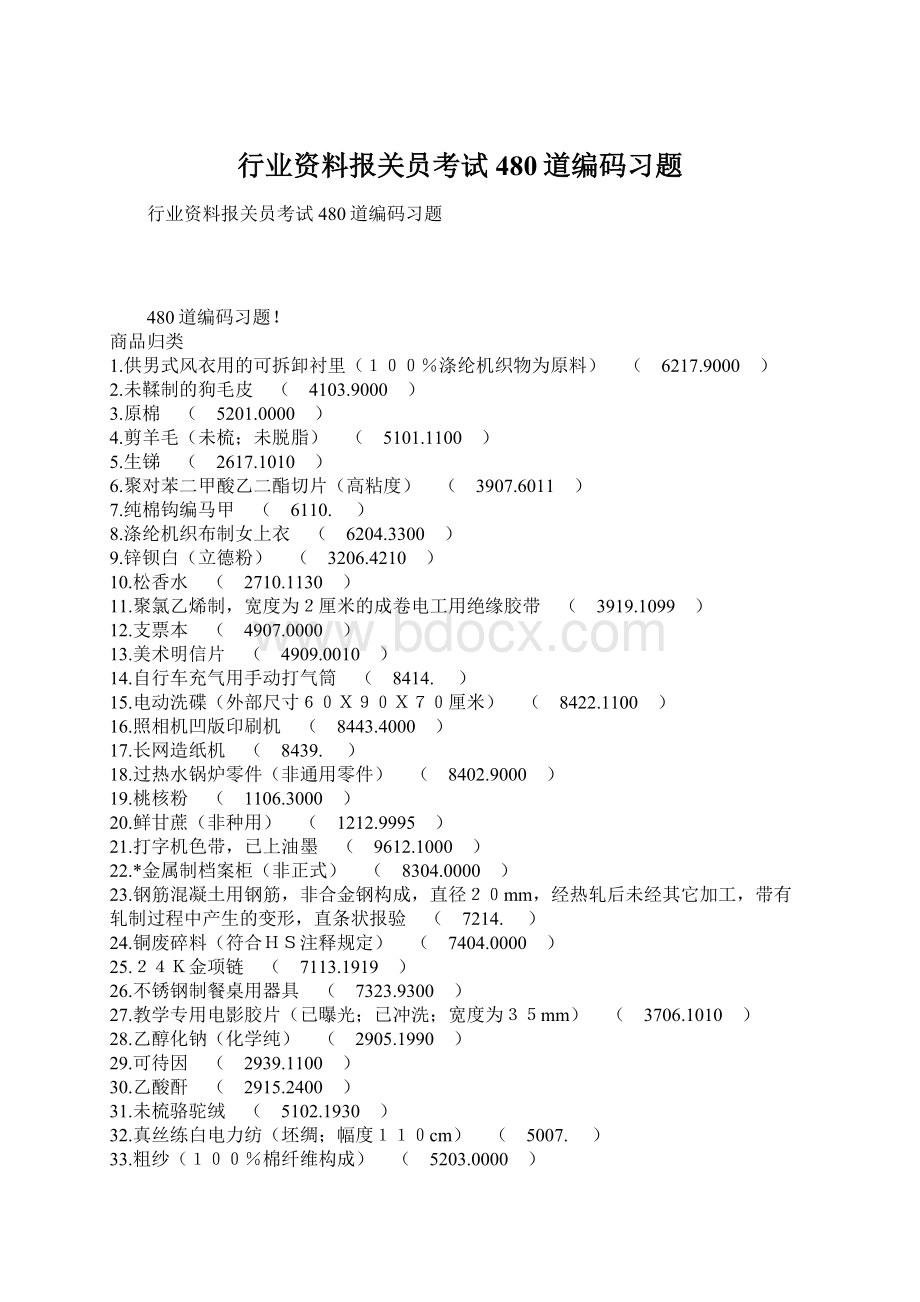 行业资料报关员考试480道编码习题Word文档下载推荐.docx_第1页