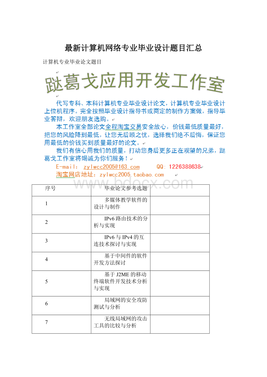 最新计算机网络专业毕业设计题目汇总文档格式.docx_第1页