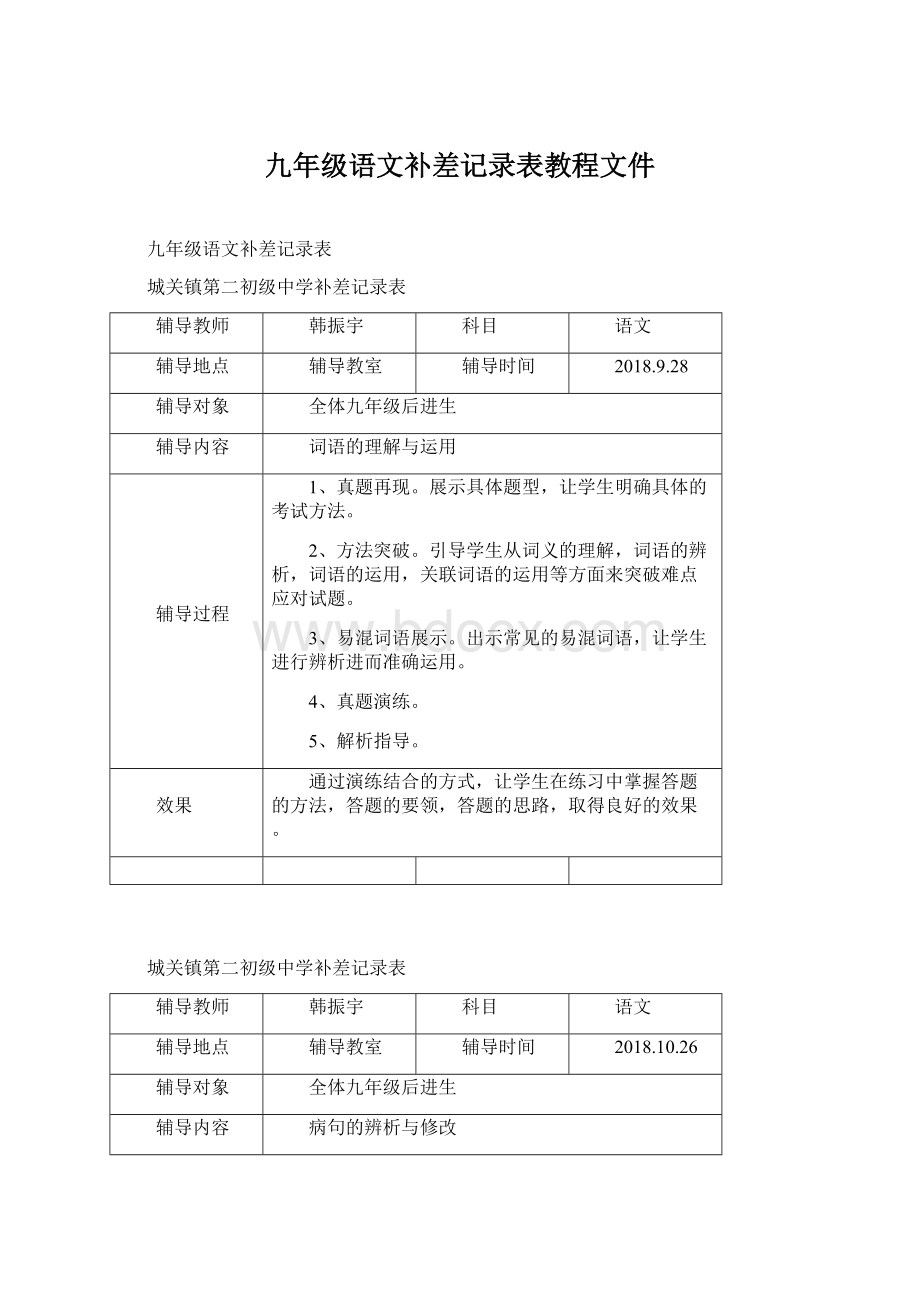 九年级语文补差记录表教程文件Word格式文档下载.docx