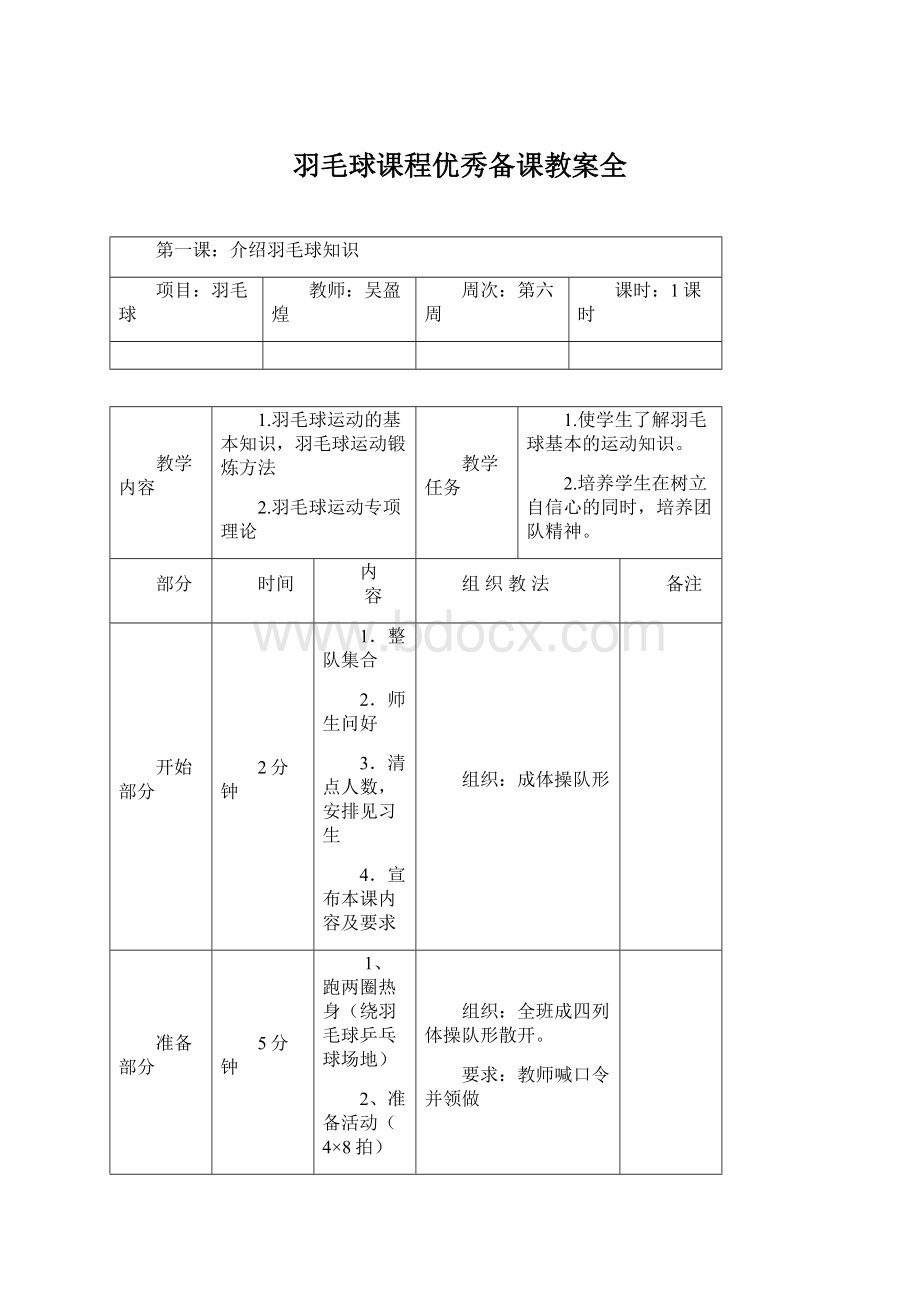 羽毛球课程优秀备课教案全文档格式.docx