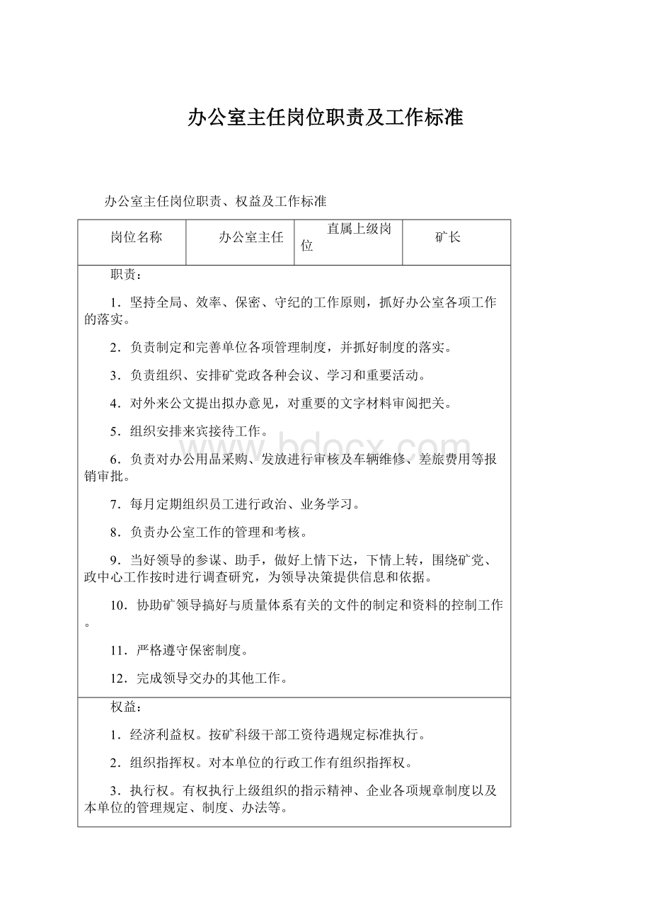 办公室主任岗位职责及工作标准Word格式文档下载.docx