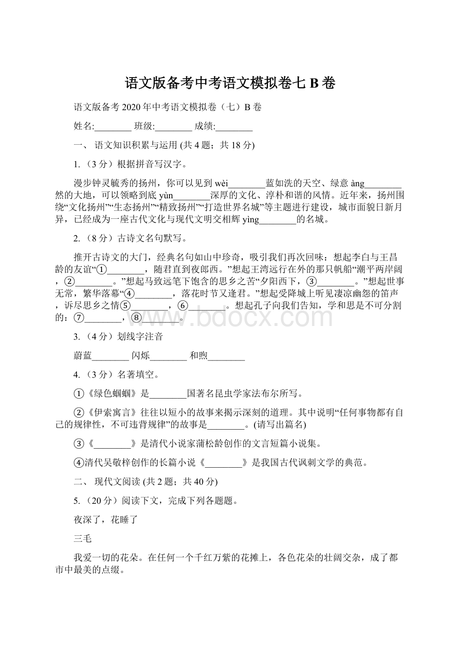 语文版备考中考语文模拟卷七B卷.docx_第1页