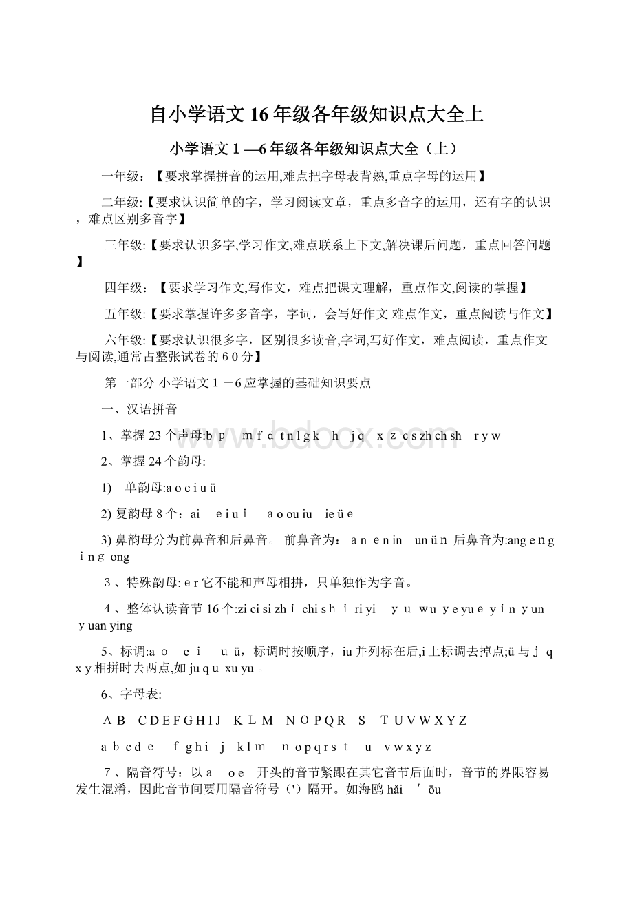 自小学语文16年级各年级知识点大全上.docx