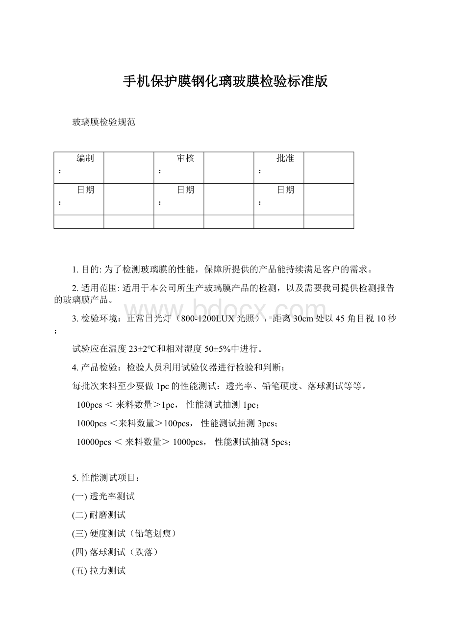 手机保护膜钢化璃玻膜检验标准版Word下载.docx