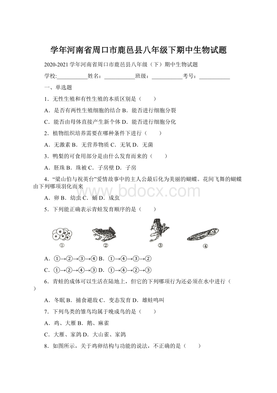 学年河南省周口市鹿邑县八年级下期中生物试题.docx