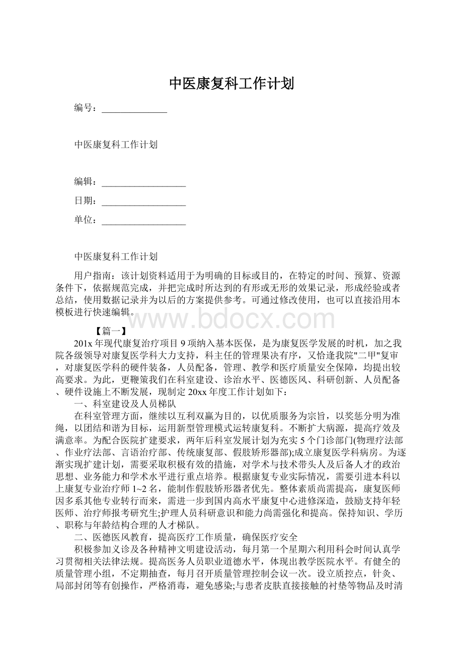 中医康复科工作计划Word格式文档下载.docx