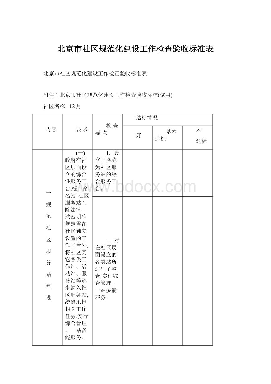 北京市社区规范化建设工作检查验收标准表Word文件下载.docx