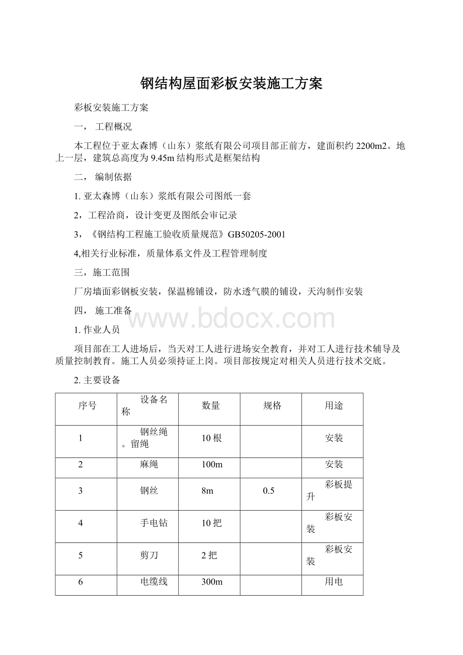 钢结构屋面彩板安装施工方案Word格式文档下载.docx