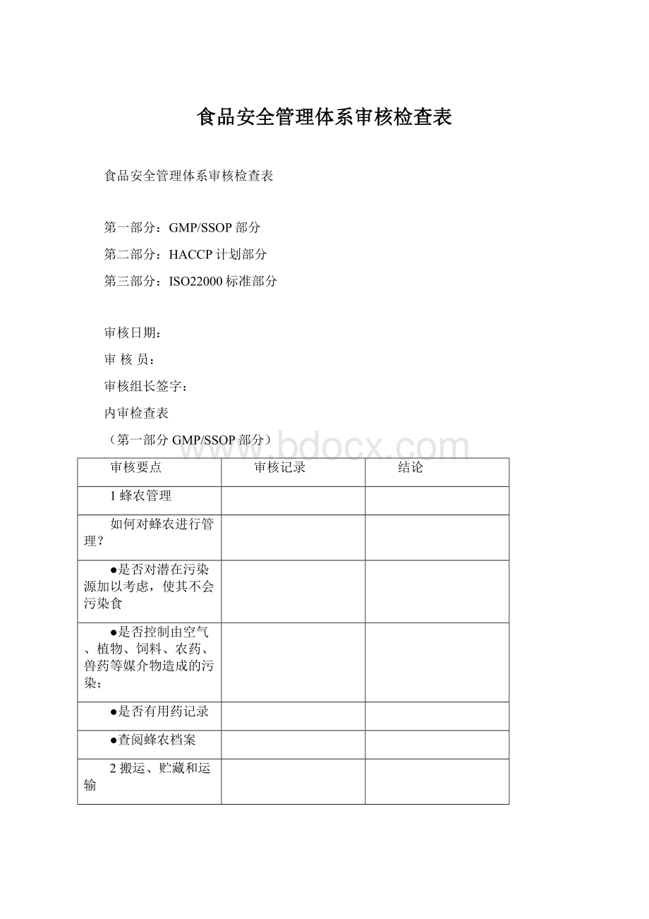 食品安全管理体系审核检查表Word文件下载.docx_第1页