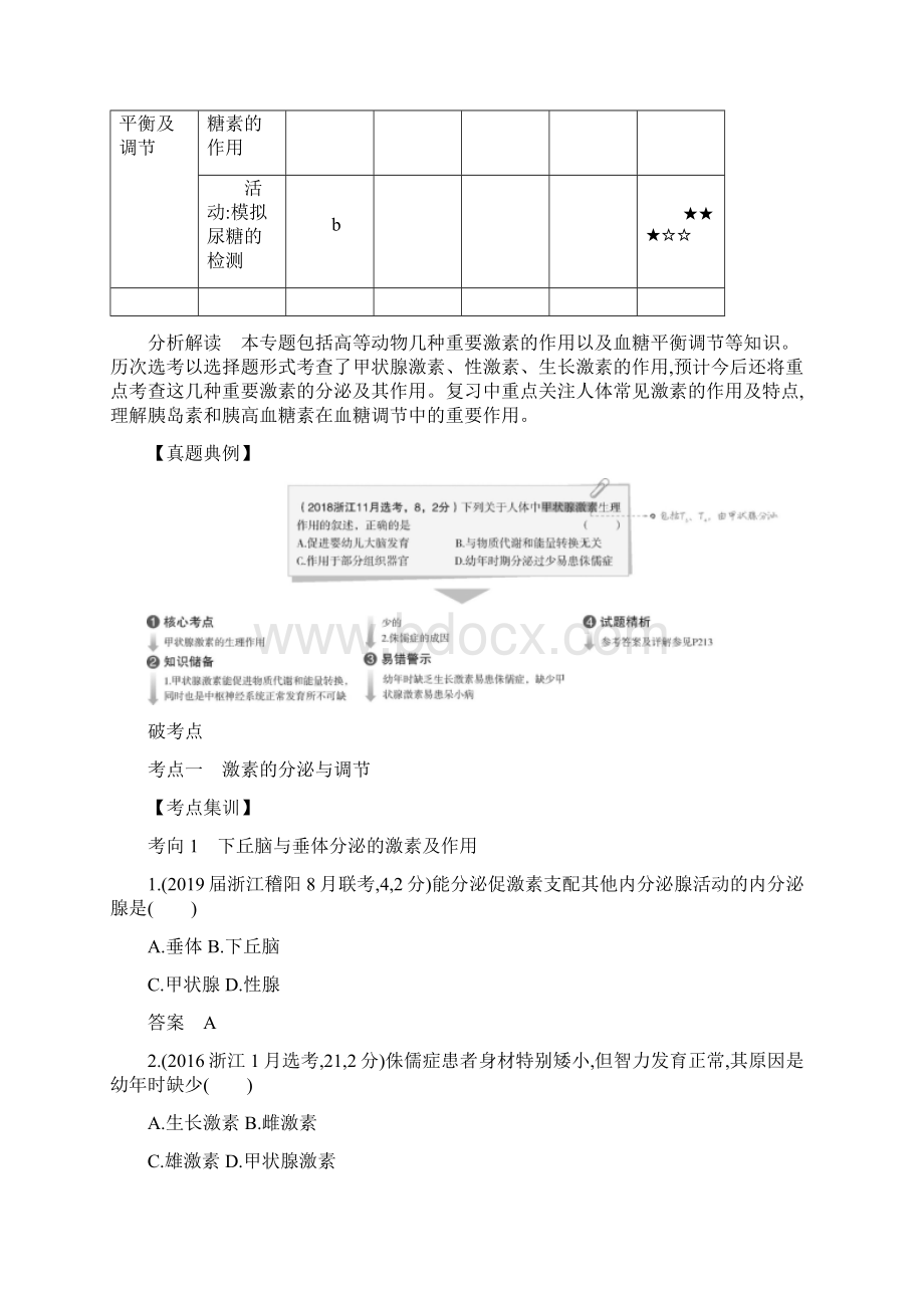 5年高考3年模拟A版浙江省高考生物总复习专题20高等动物的内分泌系统与体液调节教师用书Word文档下载推荐.docx_第2页