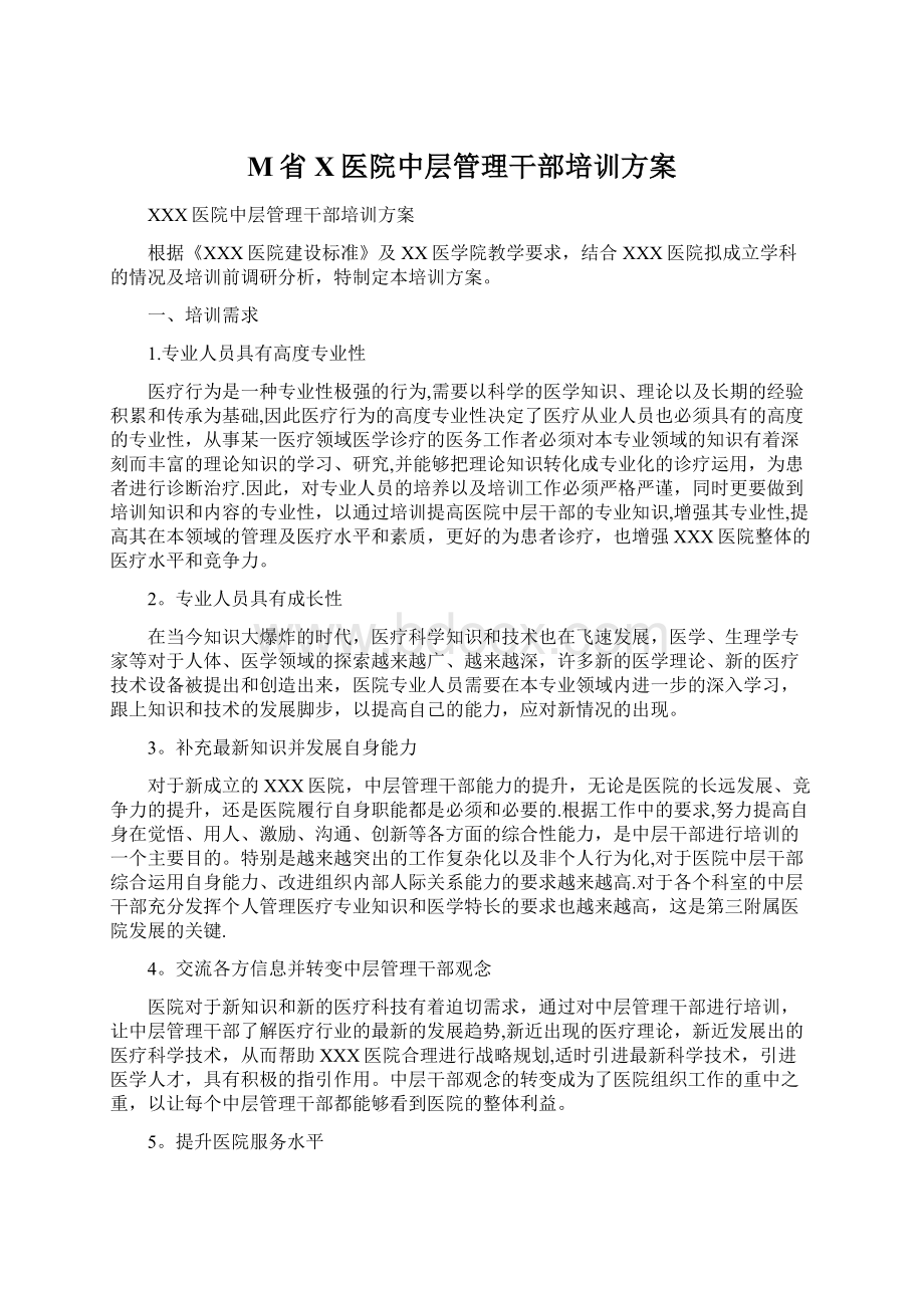 M省X医院中层管理干部培训方案.docx_第1页