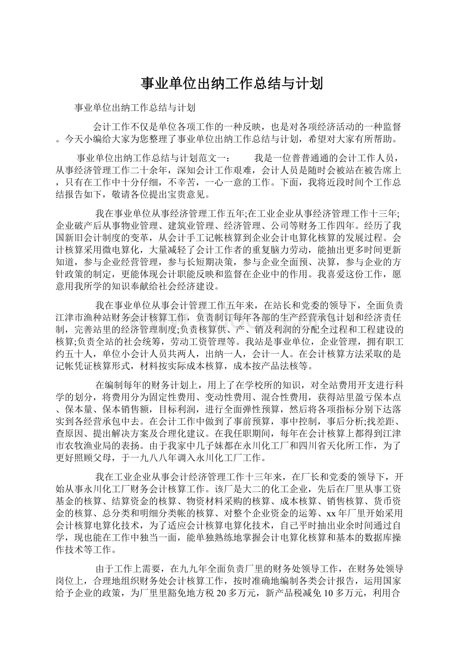 事业单位出纳工作总结与计划Word文档格式.docx