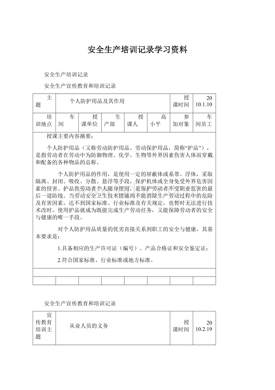 安全生产培训记录学习资料Word文档下载推荐.docx_第1页