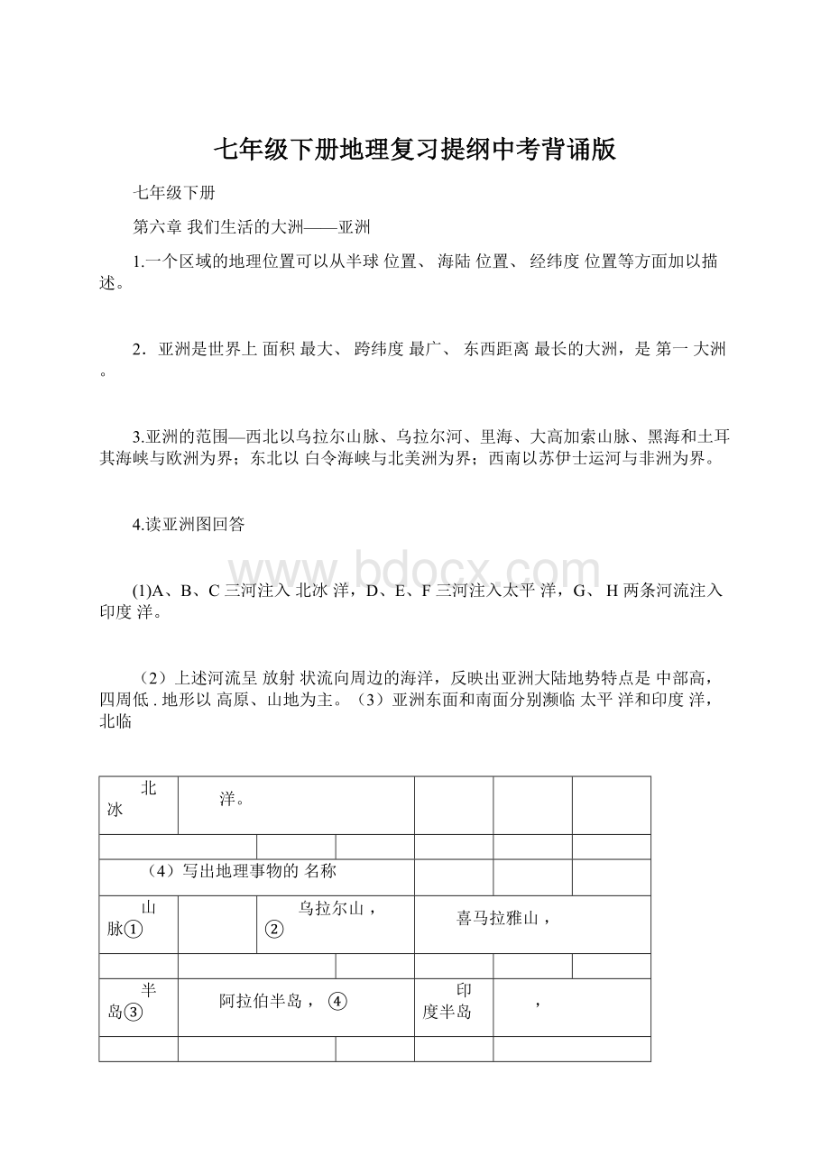 七年级下册地理复习提纲中考背诵版Word文件下载.docx