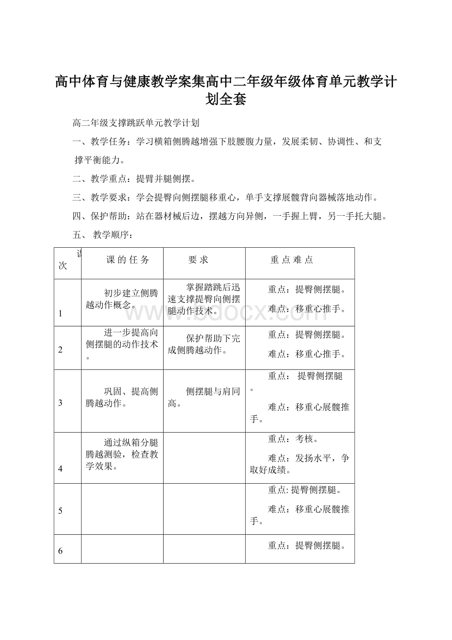 高中体育与健康教学案集高中二年级年级体育单元教学计划全套Word文档下载推荐.docx_第1页