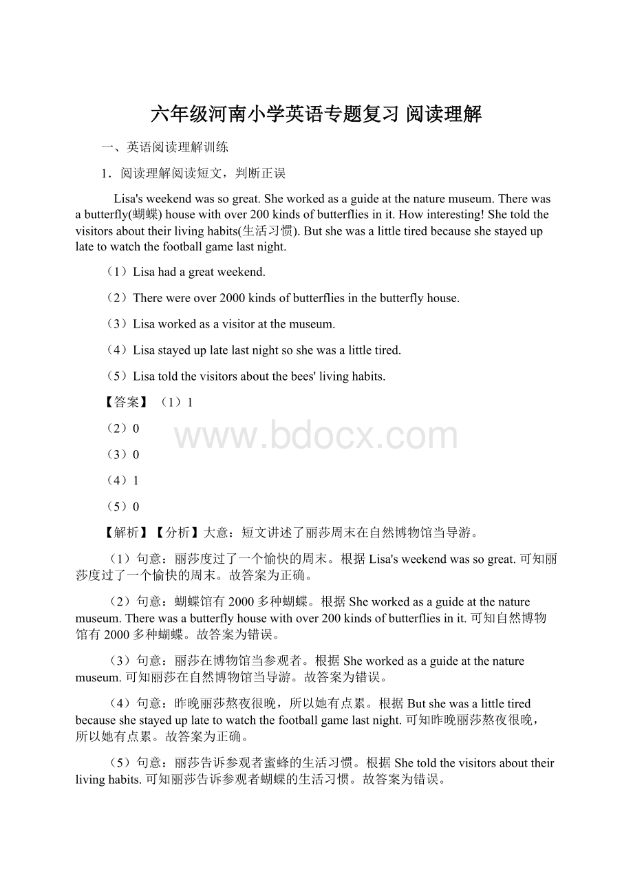 六年级河南小学英语专题复习 阅读理解Word格式.docx