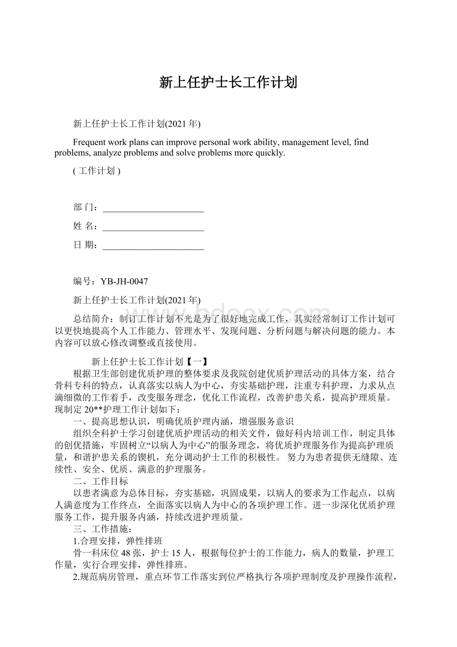 新上任护士长工作计划.docx