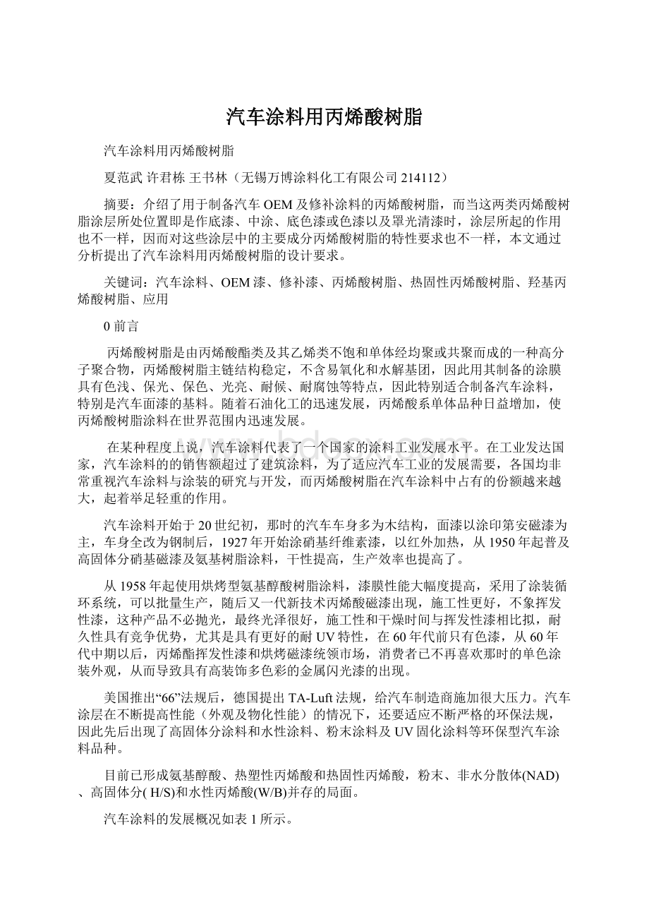 汽车涂料用丙烯酸树脂.docx_第1页