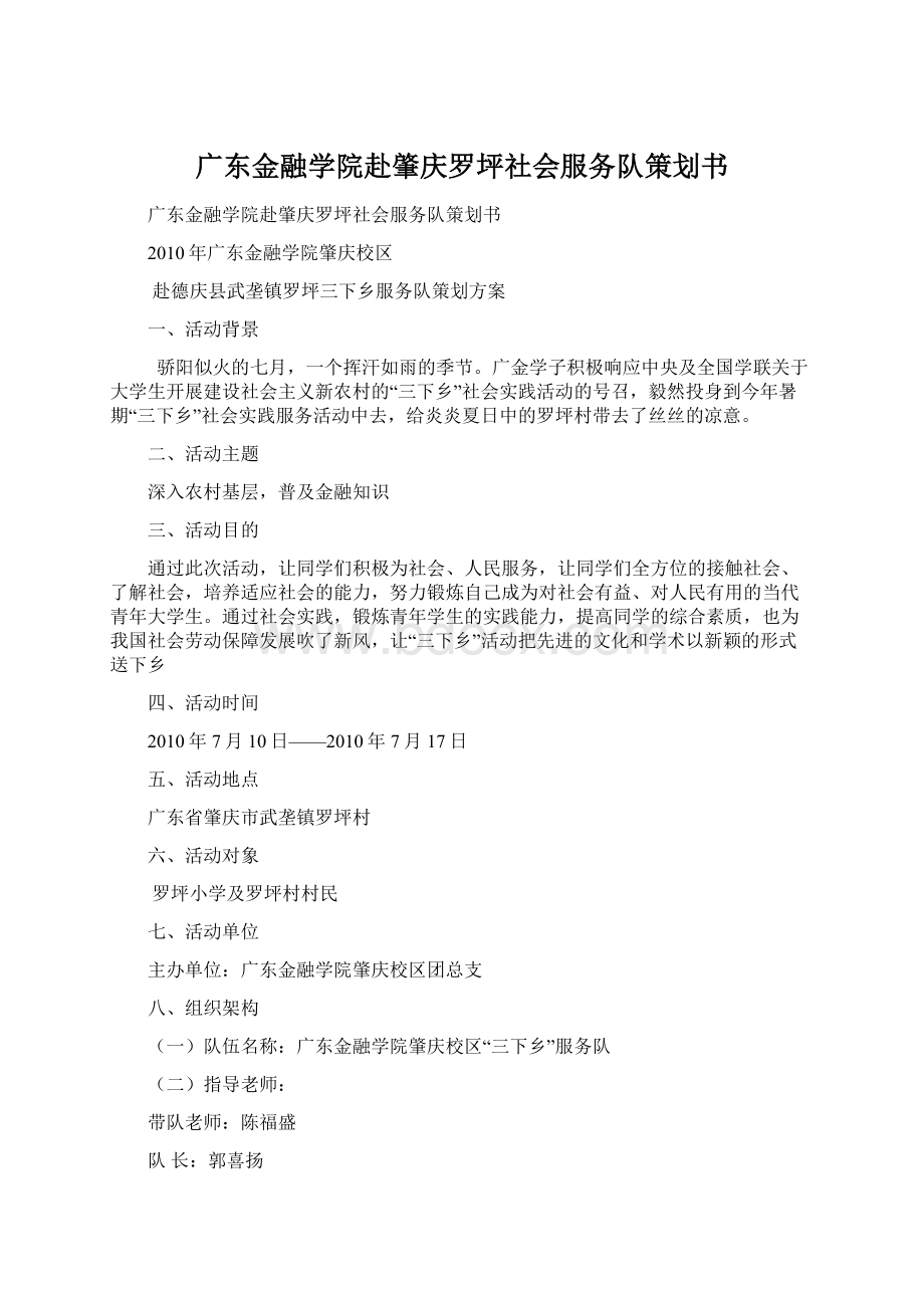 广东金融学院赴肇庆罗坪社会服务队策划书Word文档格式.docx