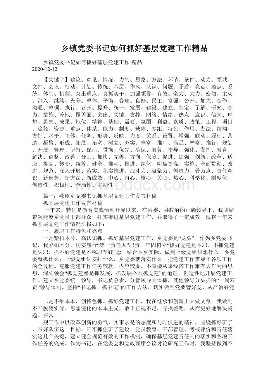 乡镇党委书记如何抓好基层党建工作精品Word下载.docx_第1页