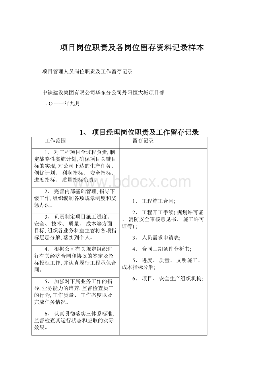 项目岗位职责及各岗位留存资料记录样本.docx_第1页