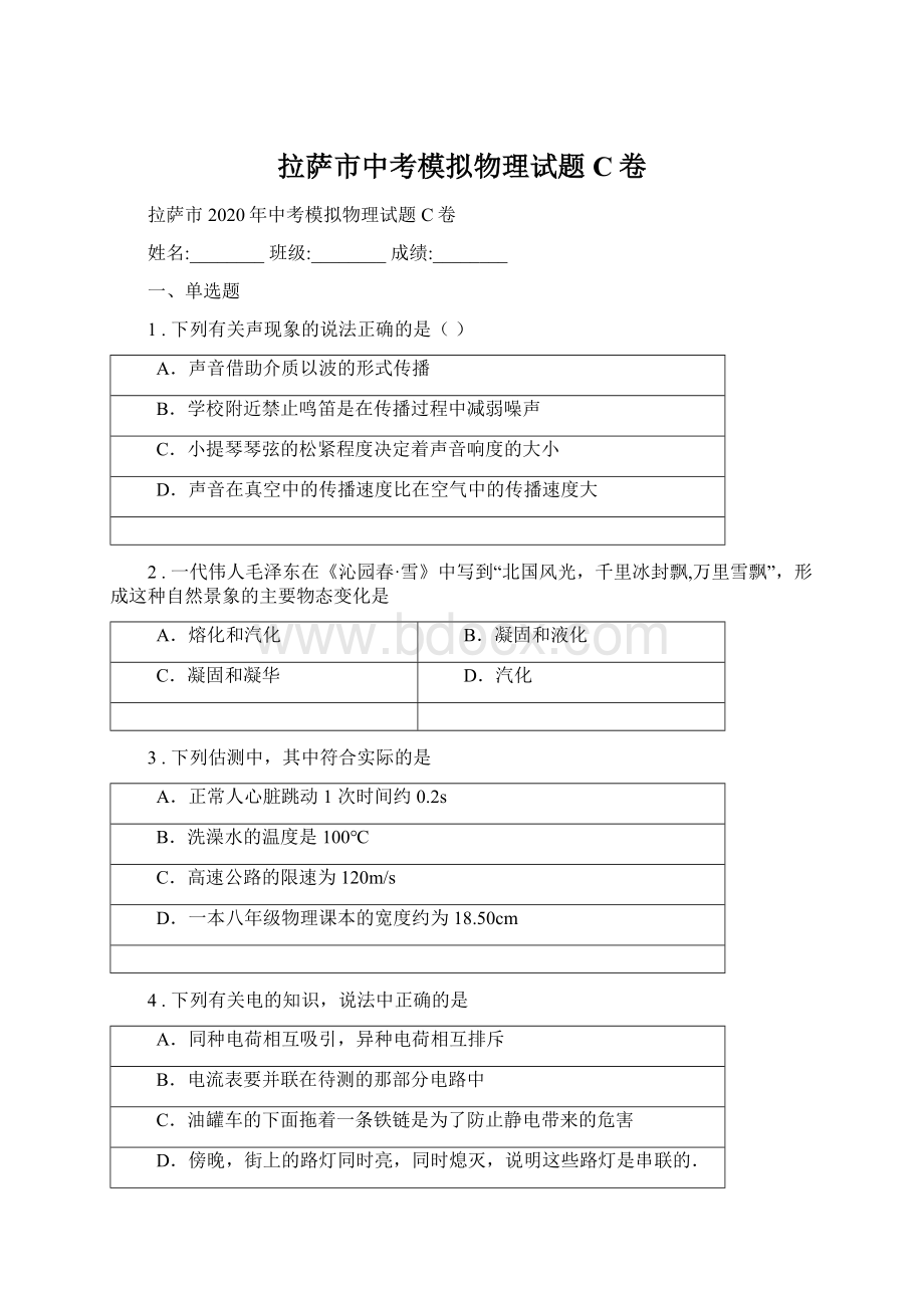 拉萨市中考模拟物理试题C卷.docx