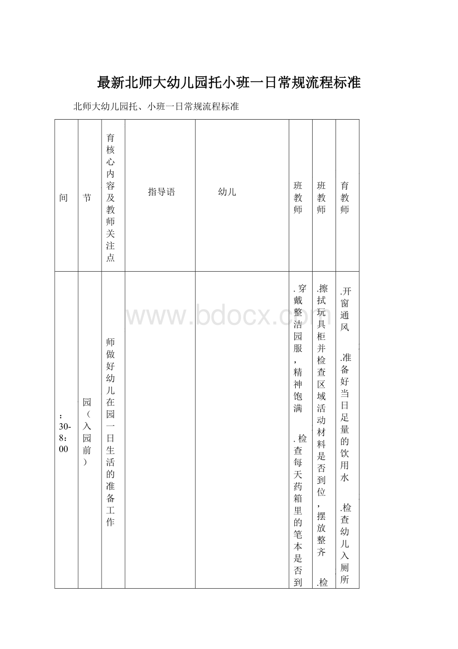 最新北师大幼儿园托小班一日常规流程标准.docx