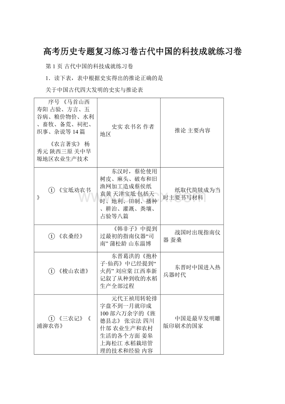 高考历史专题复习练习卷古代中国的科技成就练习卷Word下载.docx_第1页