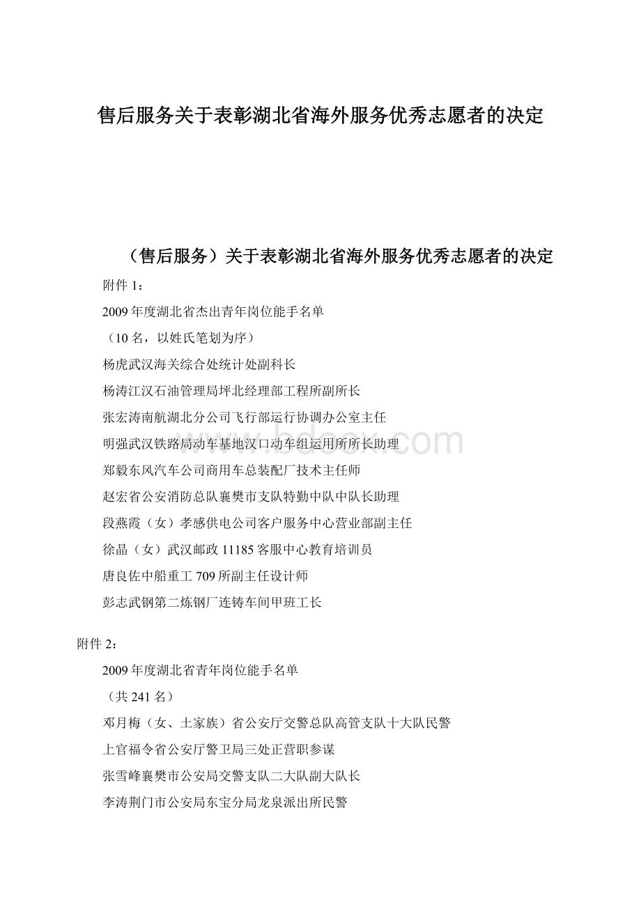 售后服务关于表彰湖北省海外服务优秀志愿者的决定Word文档格式.docx