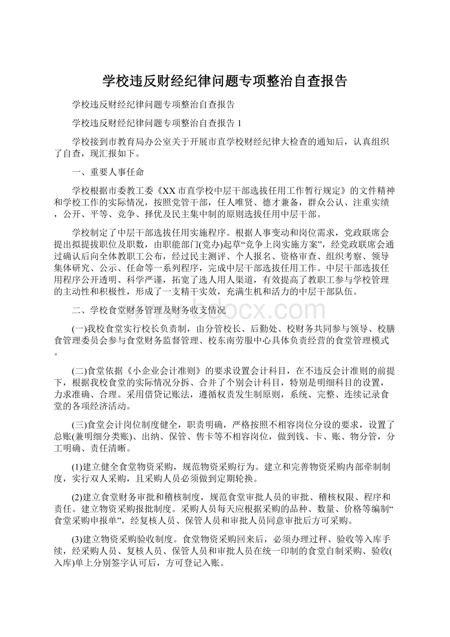 学校违反财经纪律问题专项整治自查报告Word文件下载.docx_第1页