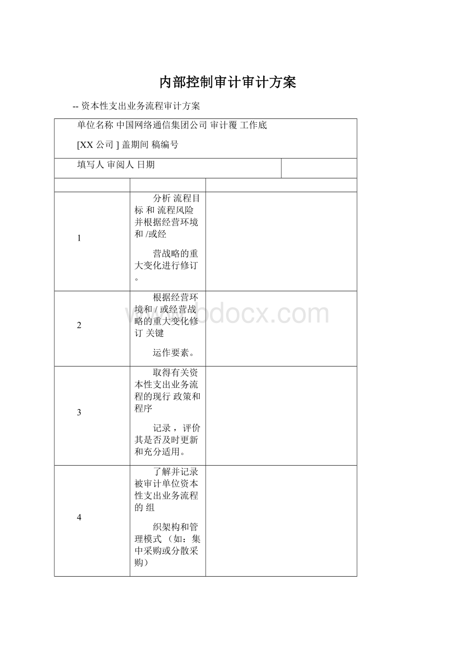 内部控制审计审计方案文档格式.docx_第1页