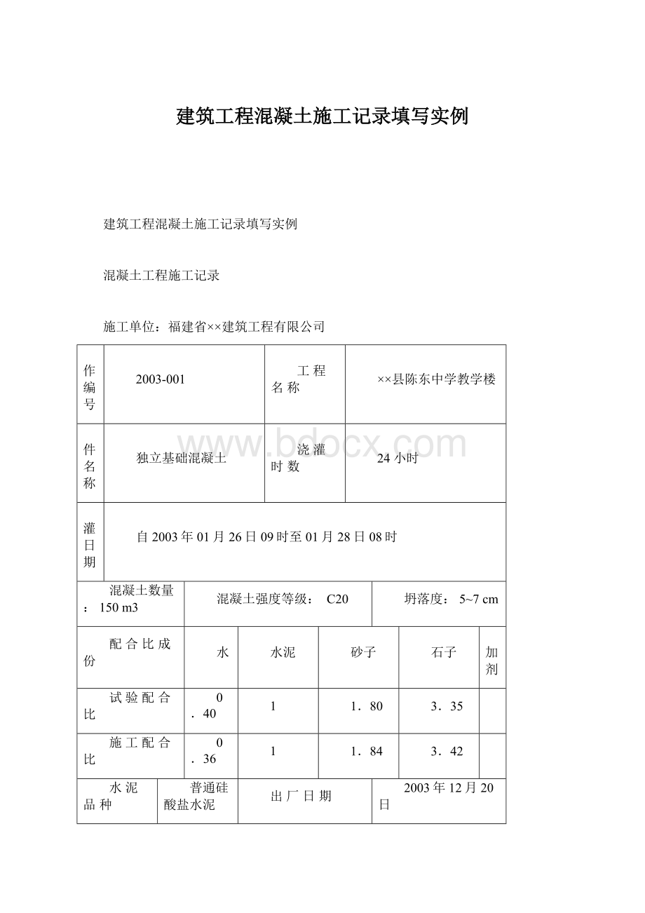 建筑工程混凝土施工记录填写实例文档格式.docx_第1页