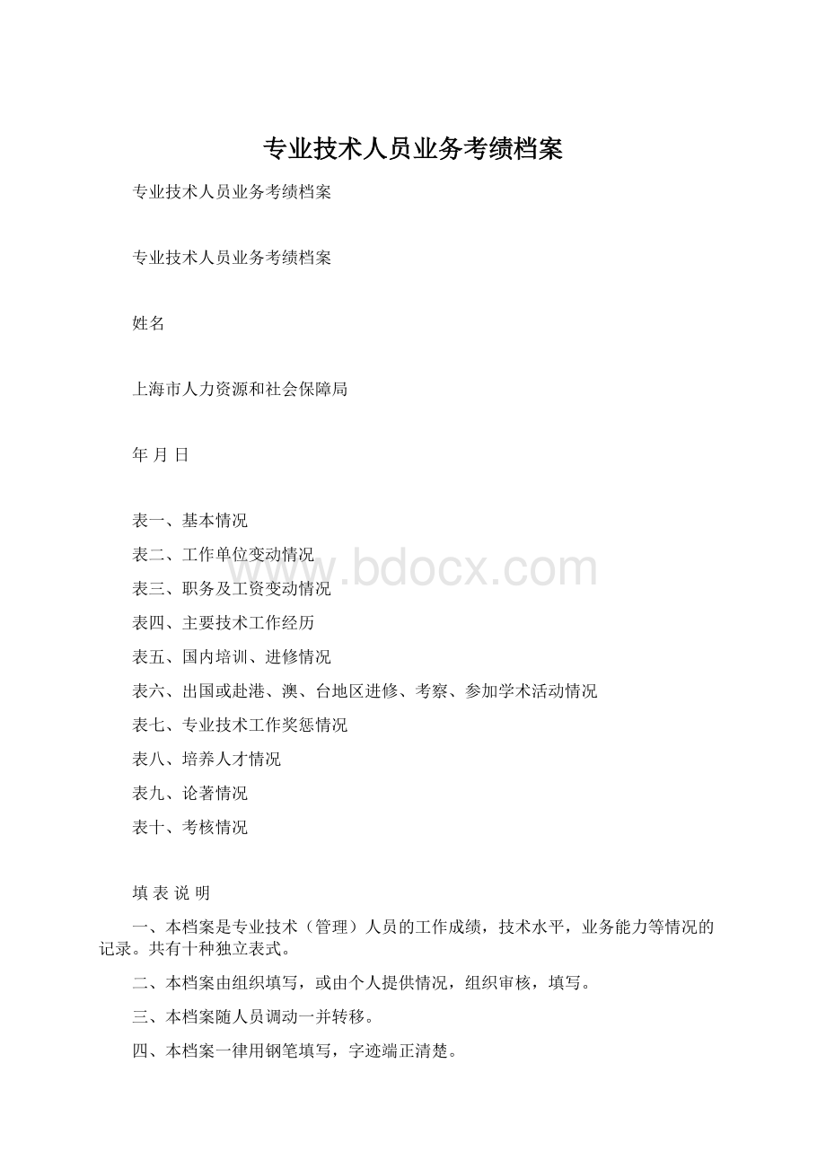 专业技术人员业务考绩档案Word下载.docx