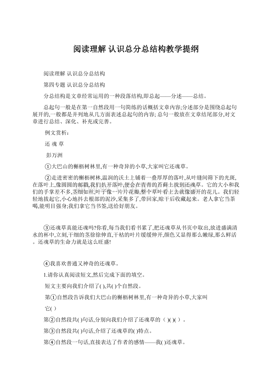 阅读理解 认识总分总结构教学提纲.docx