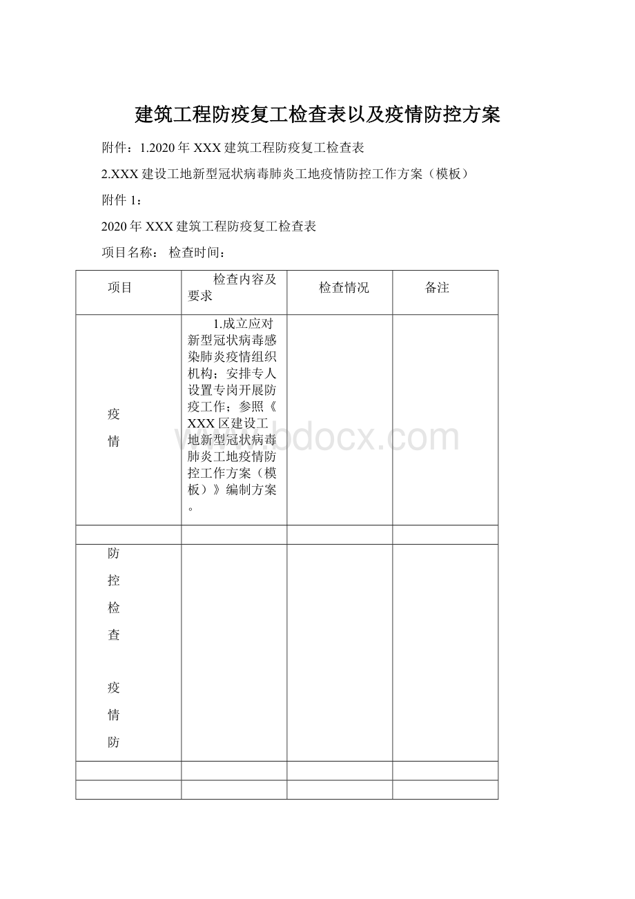 建筑工程防疫复工检查表以及疫情防控方案Word文档下载推荐.docx_第1页