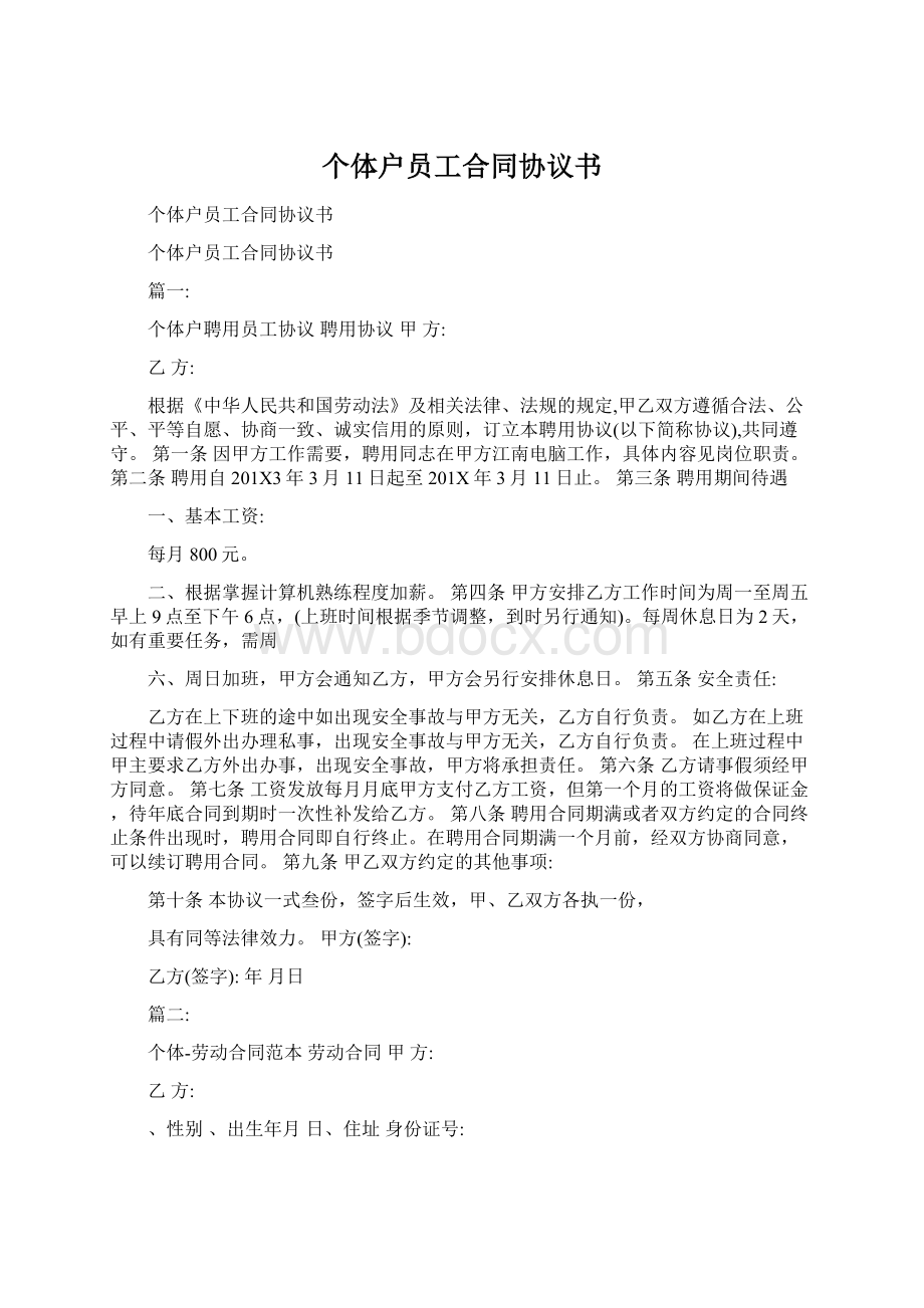 个体户员工合同协议书文档格式.docx