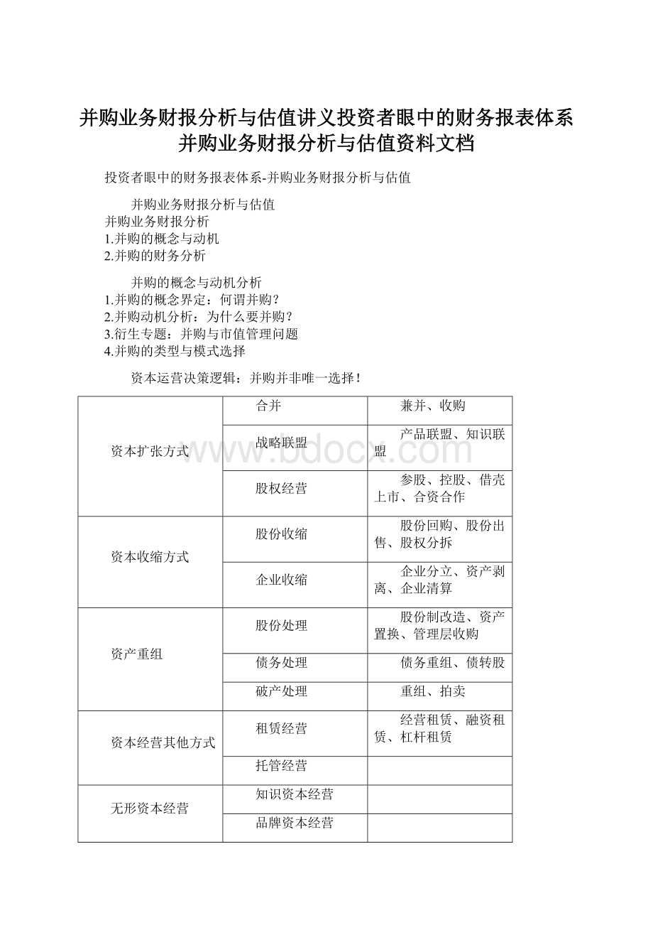 并购业务财报分析与估值讲义投资者眼中的财务报表体系并购业务财报分析与估值资料文档.docx_第1页