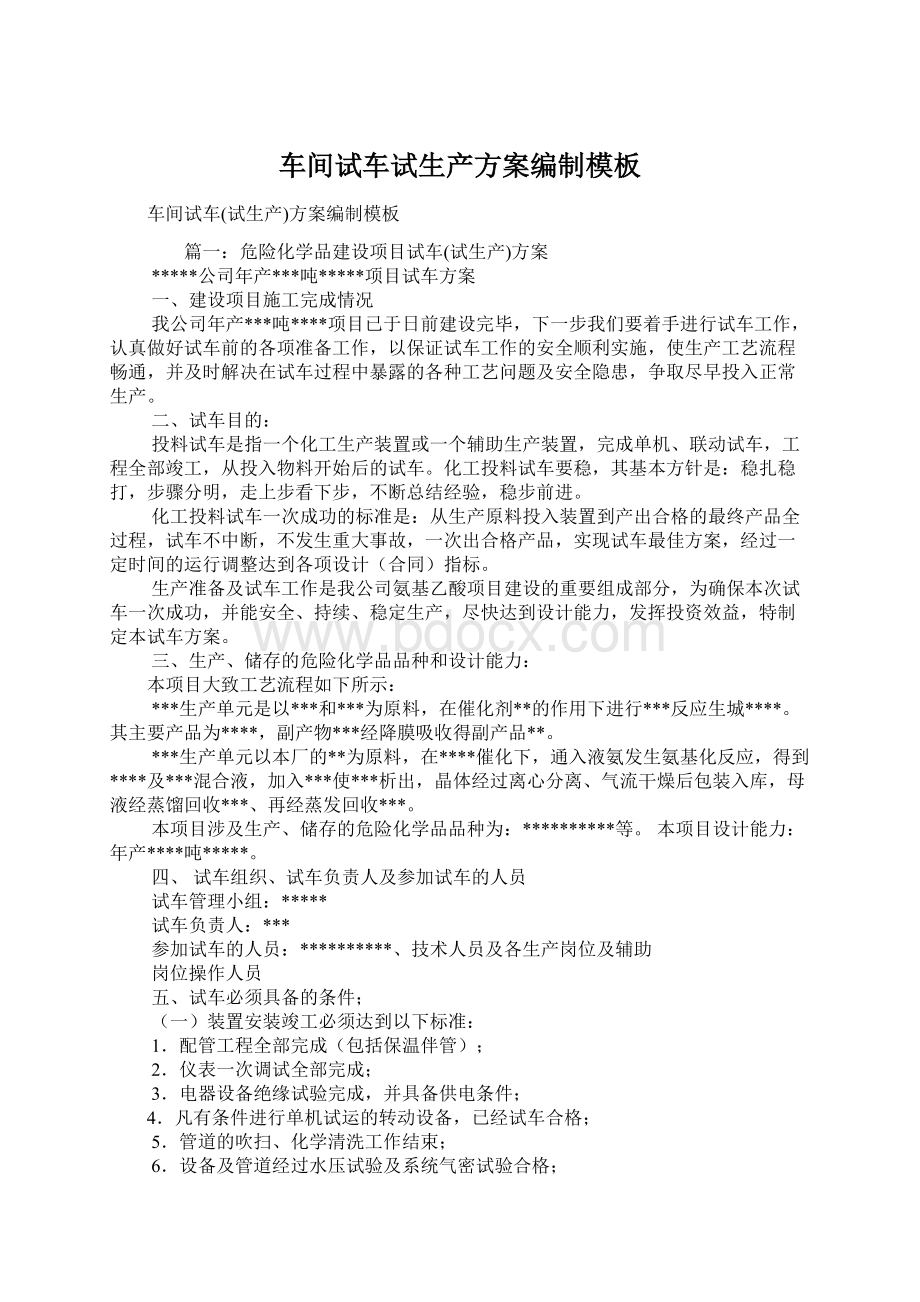 车间试车试生产方案编制模板文档格式.docx