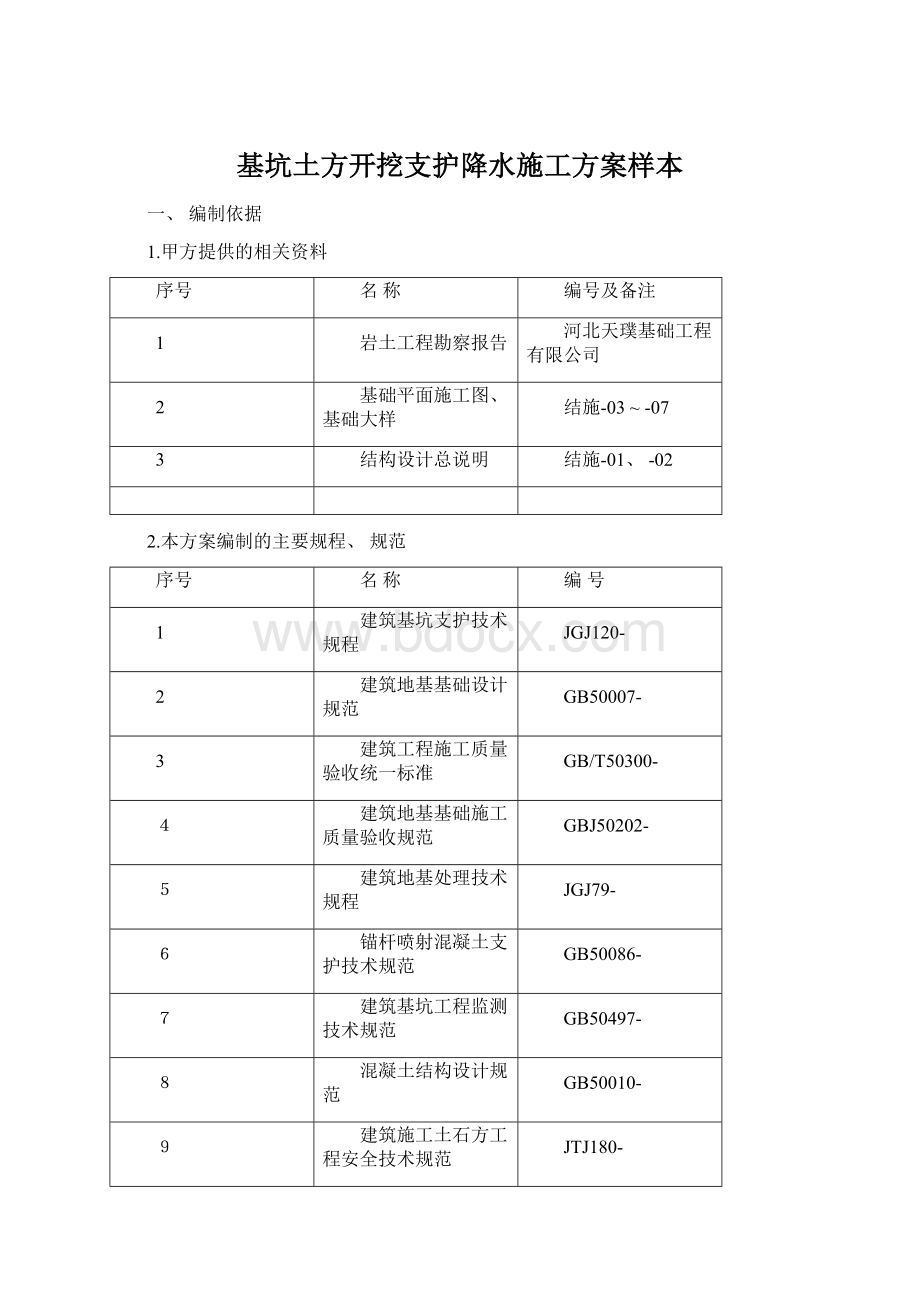 基坑土方开挖支护降水施工方案样本Word下载.docx