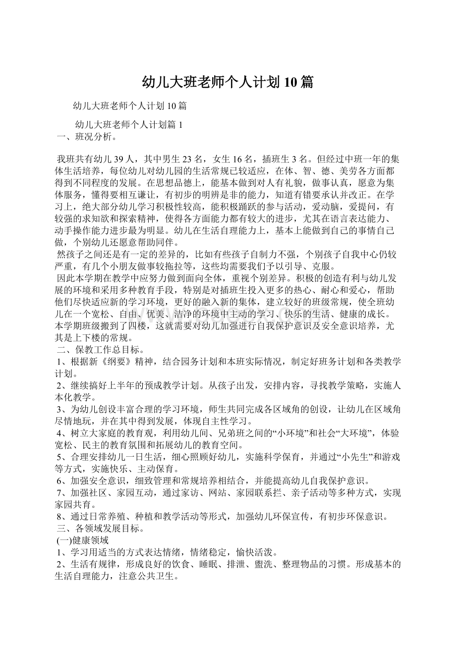 幼儿大班老师个人计划10篇.docx