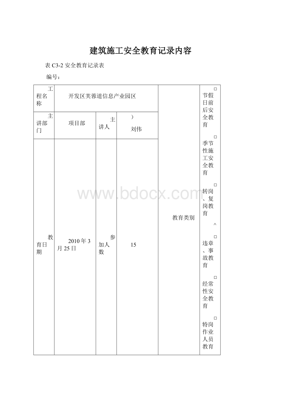 建筑施工安全教育记录内容Word文件下载.docx