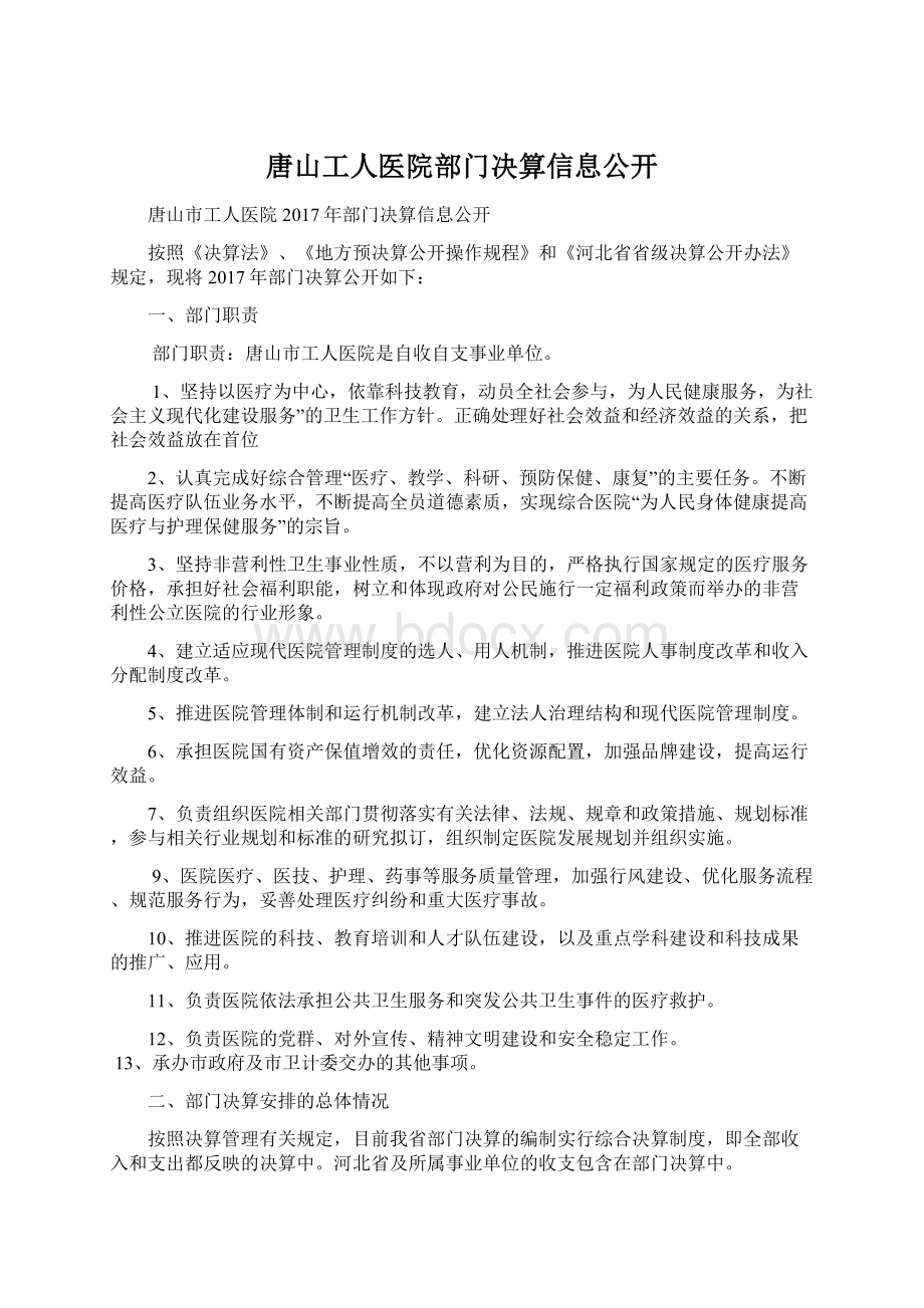 唐山工人医院部门决算信息公开Word文件下载.docx