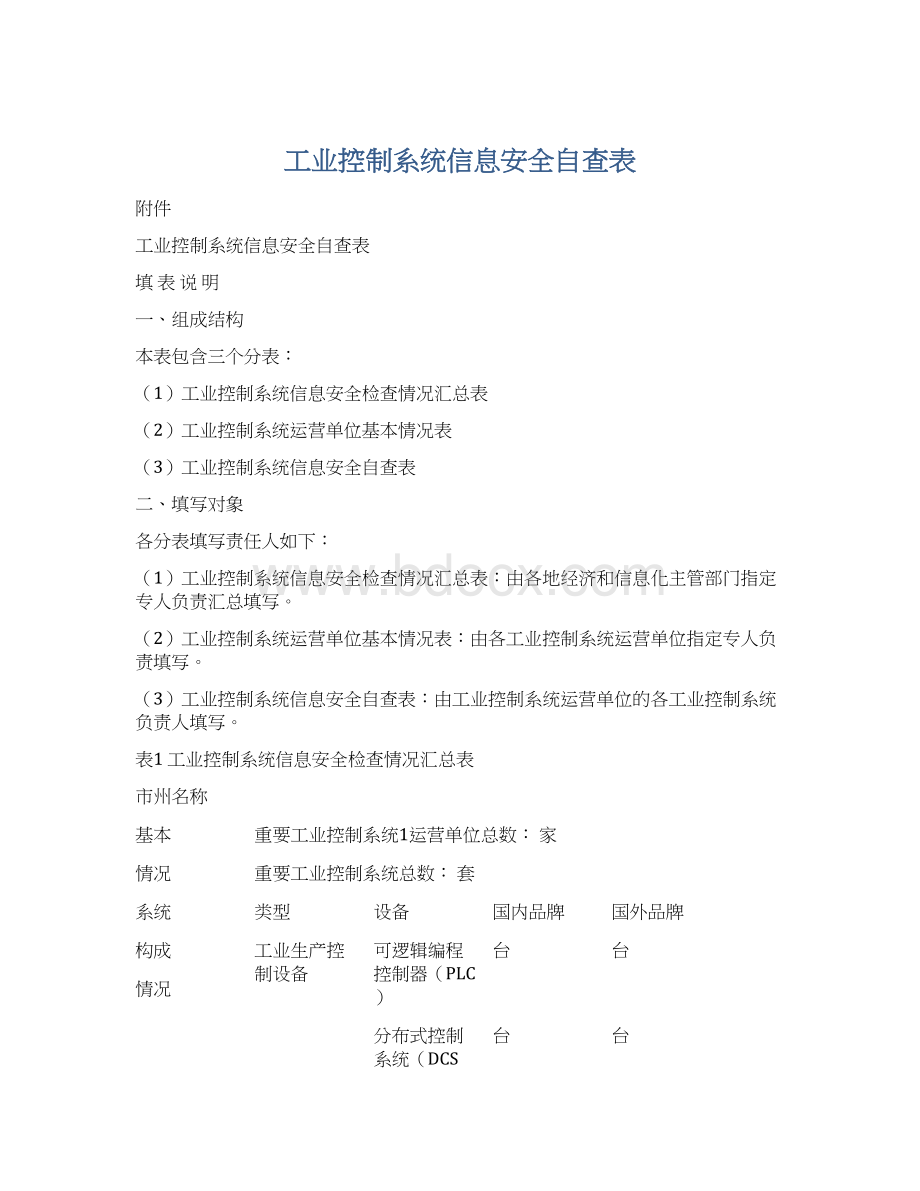 工业控制系统信息安全自查表.docx_第1页